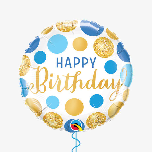 Blue and Gold Dot Happy Birthday Balloon